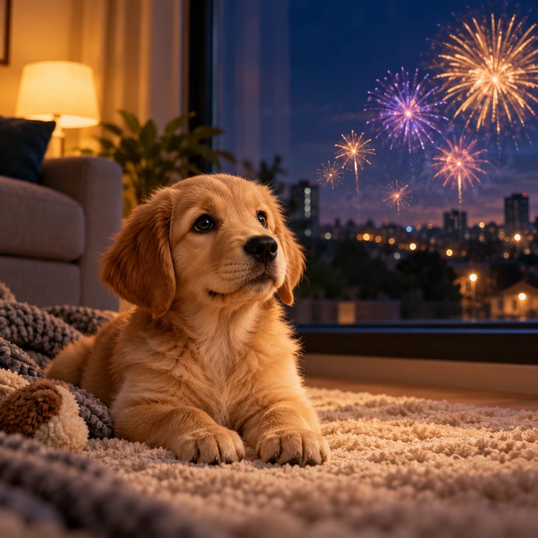 Filhote golden retriever deitado no tapete, olhando os fogos de artifício pela janela